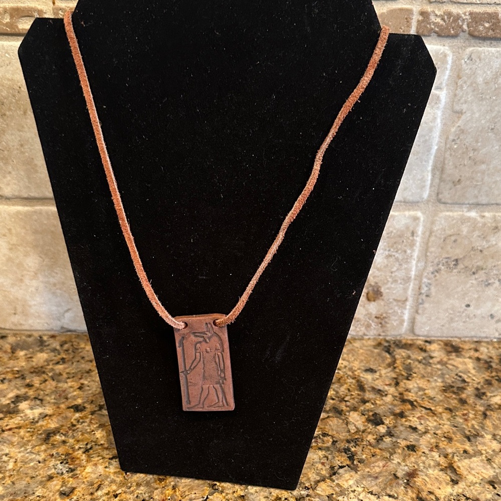 Handmade Egyptian Anubis Clay Pendant – Terracotta Look – 2" – Leather Cord –